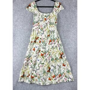 Avec Les Filles Botanical Dress Womens 6 Butterfly Floral Linen Blend Fit Flare